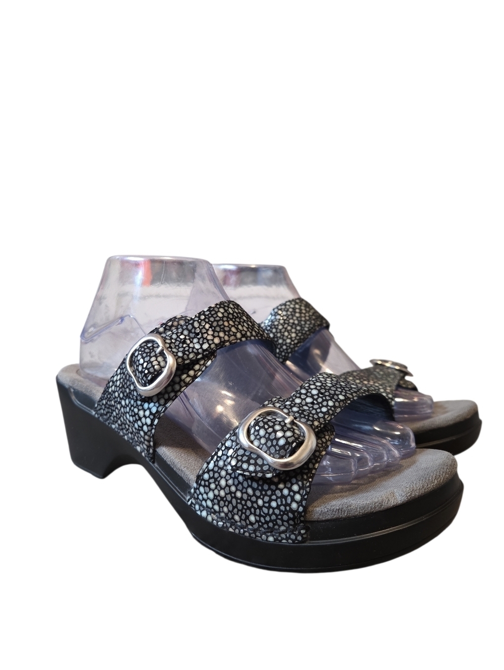 Dansko Sophie Black Shagreen Buckle Metallic Leather Wedge Sandals 41 10.5-11